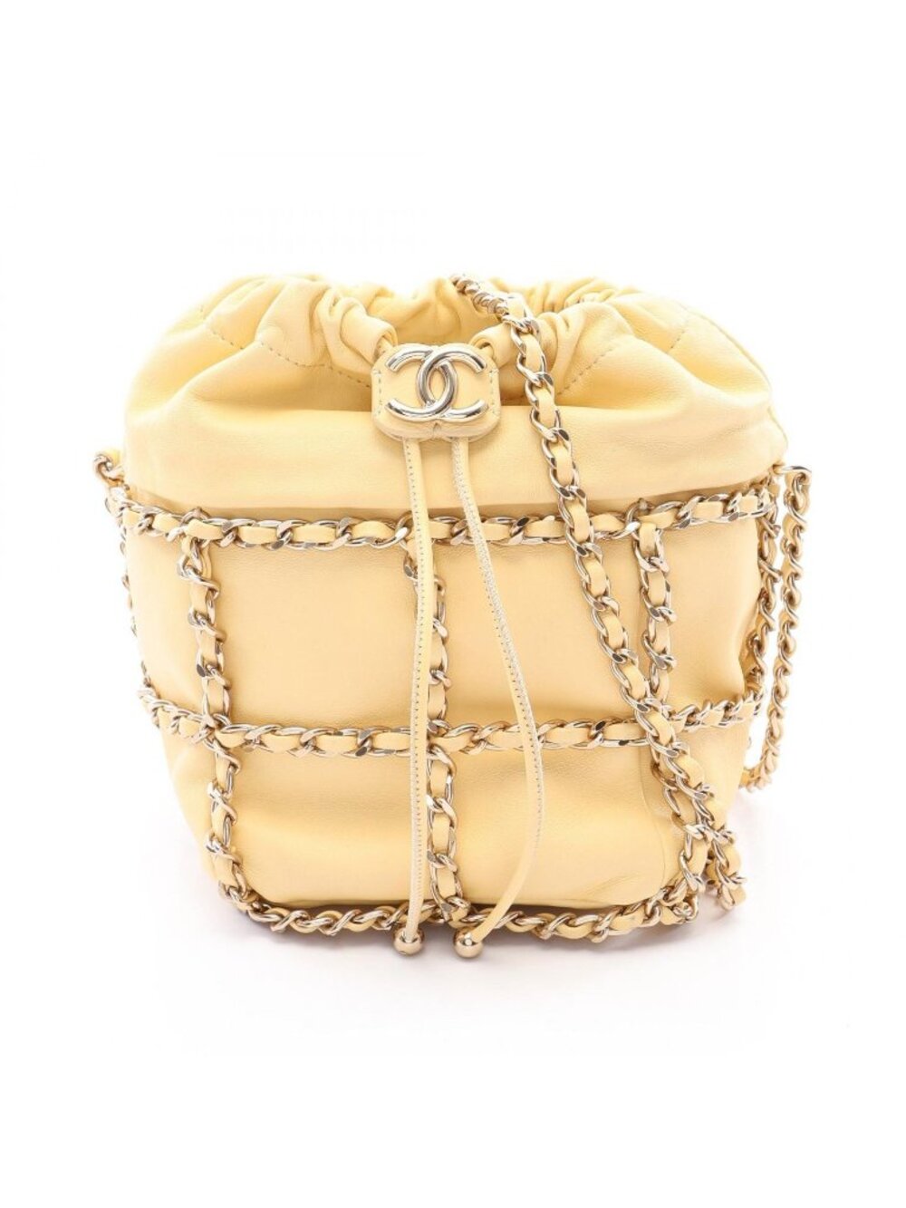 Chanel Shoulder Bag CC Logo Drawstring Light Yellow Lambskin Chain
